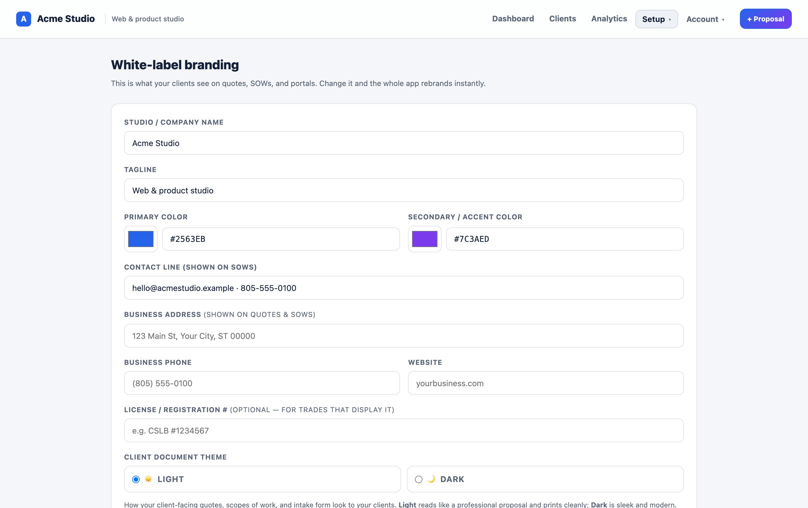 The Branding settings page with company name, logo, colors and contact details.