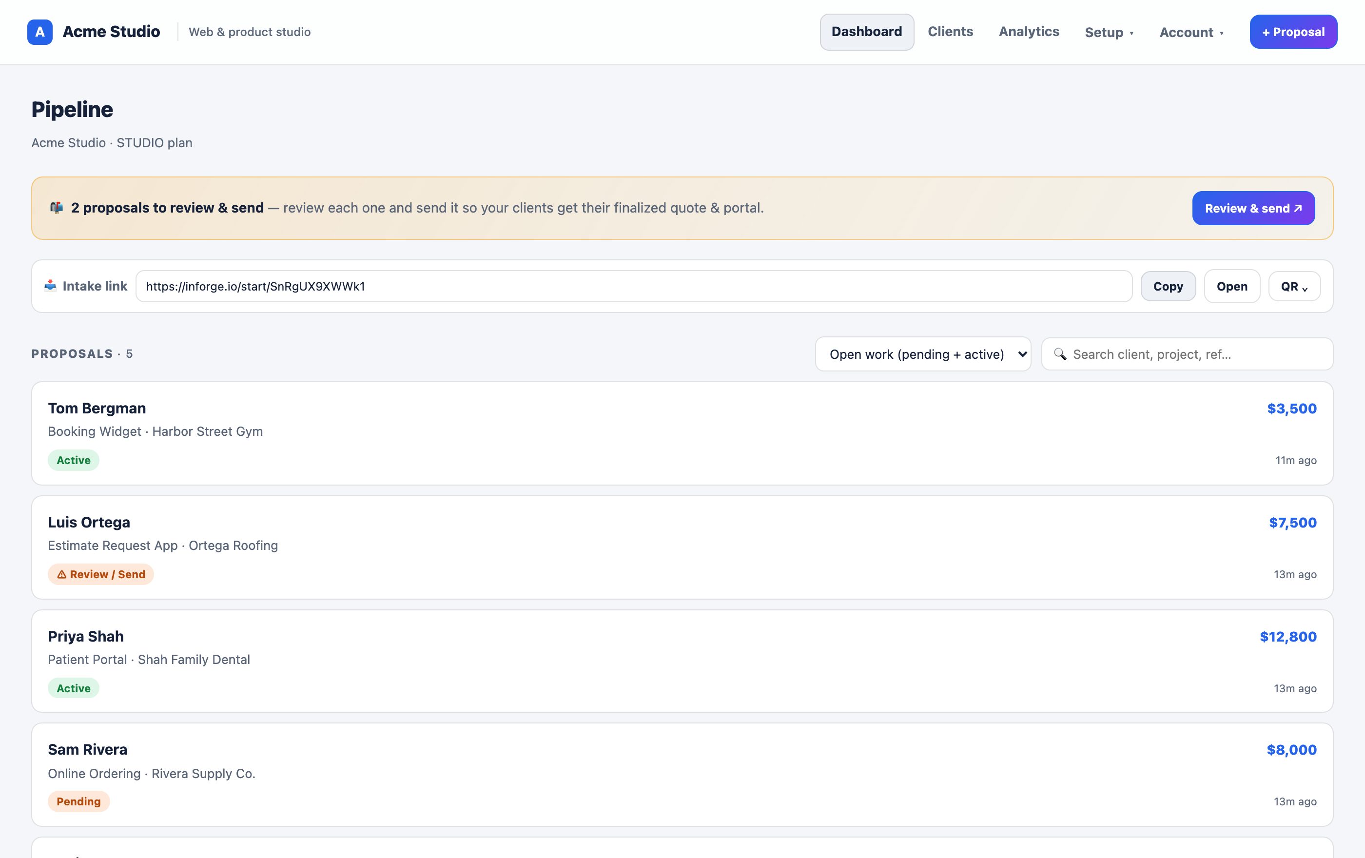 The InForge pipeline listing proposals with their values, above the studio's shareable intake link.