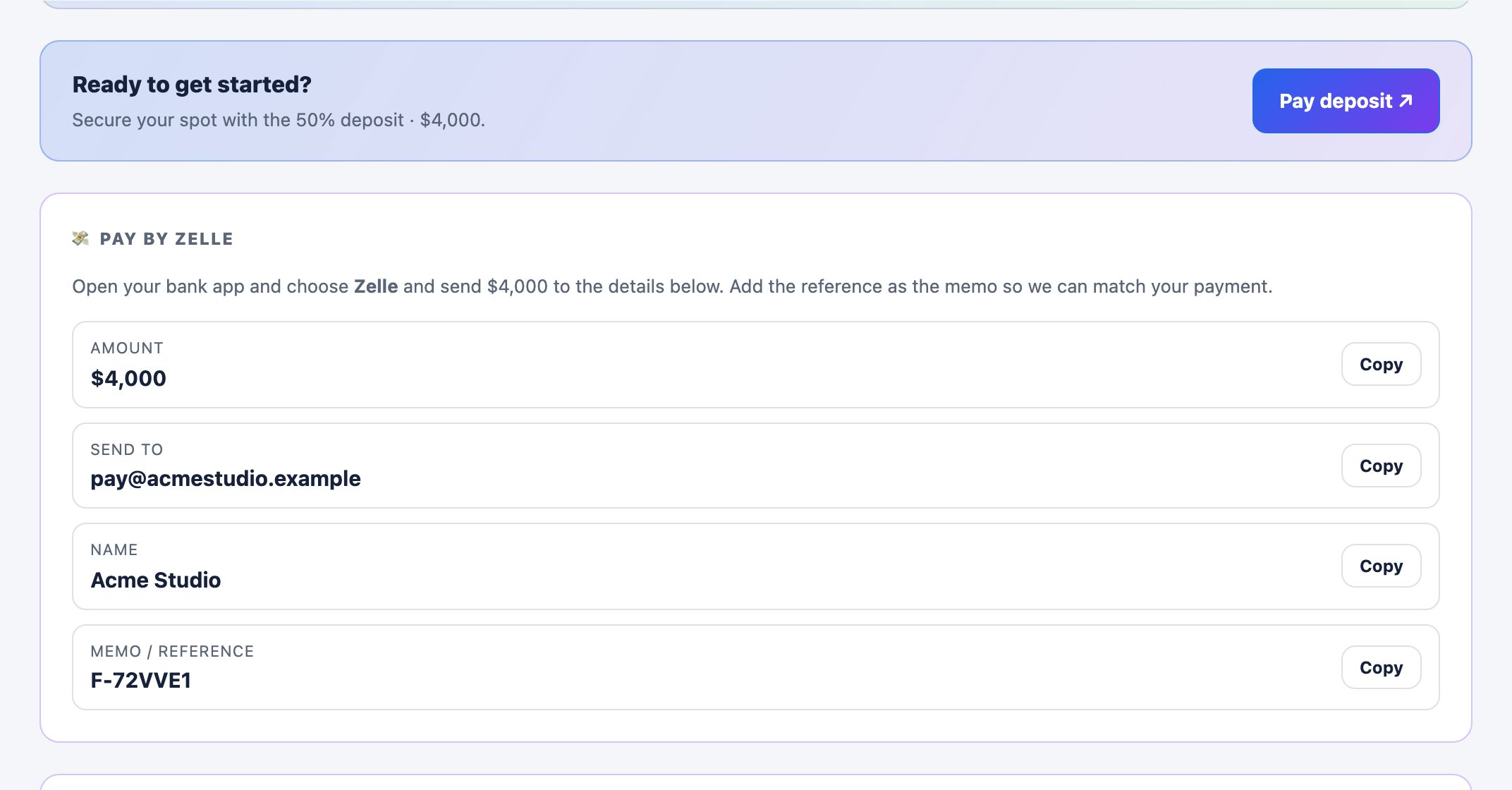 A Pay deposit button next to the deposit amount, above Zelle payment instructions with amount, recipient and memo.