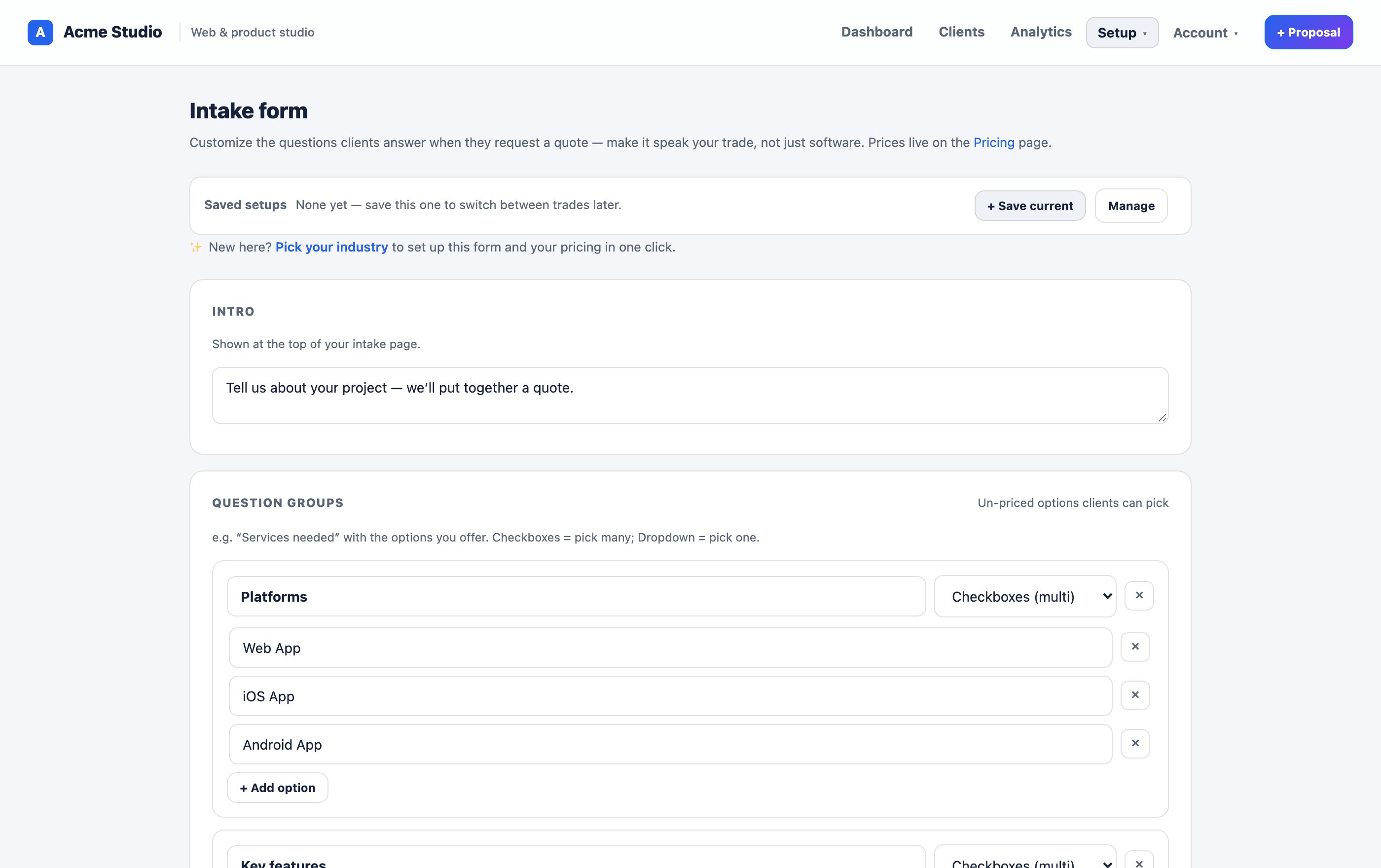 The Form page: editable intake questions, packages and options.