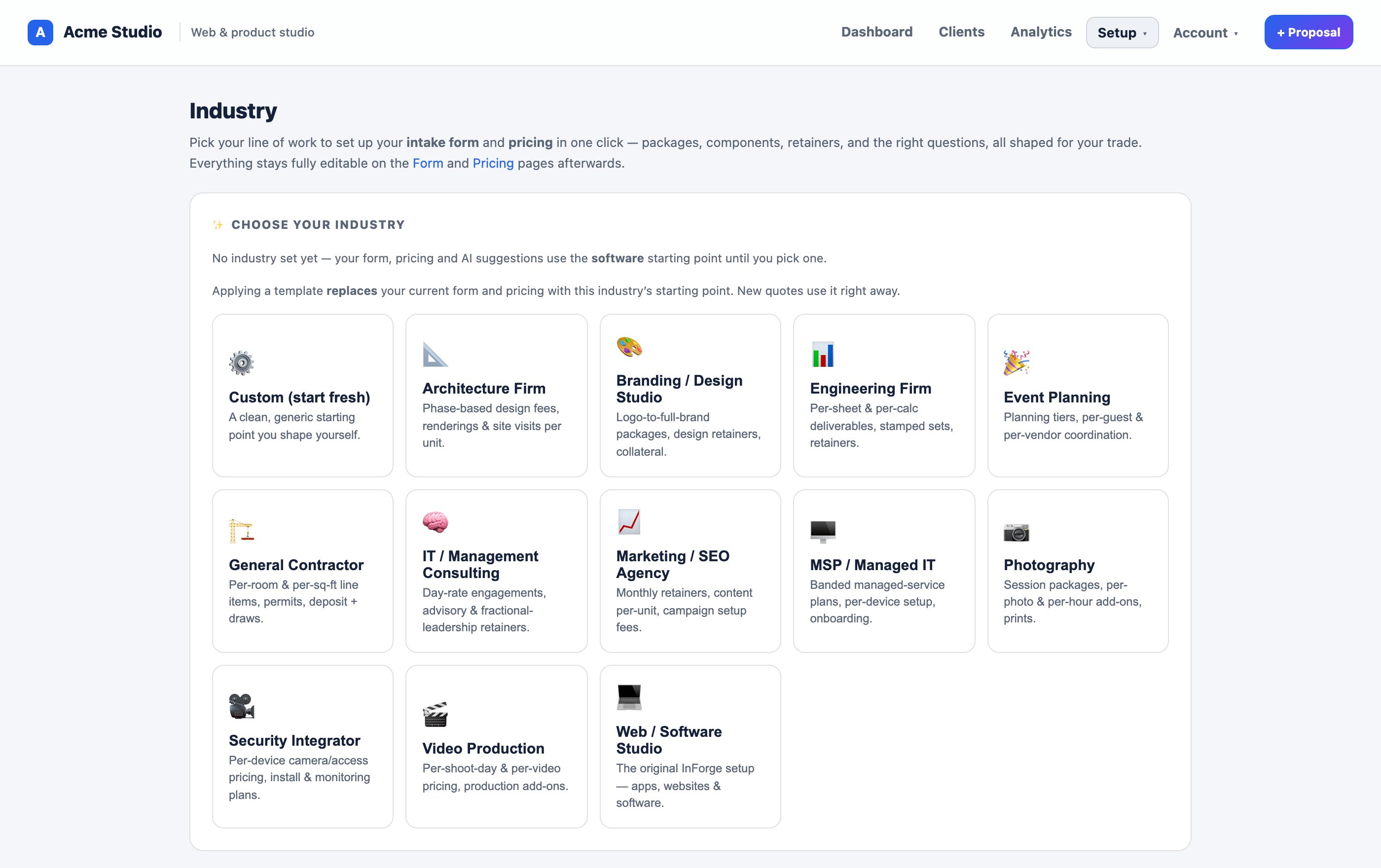The Industry page: one-click templates per trade that set up the intake form and pricing.
