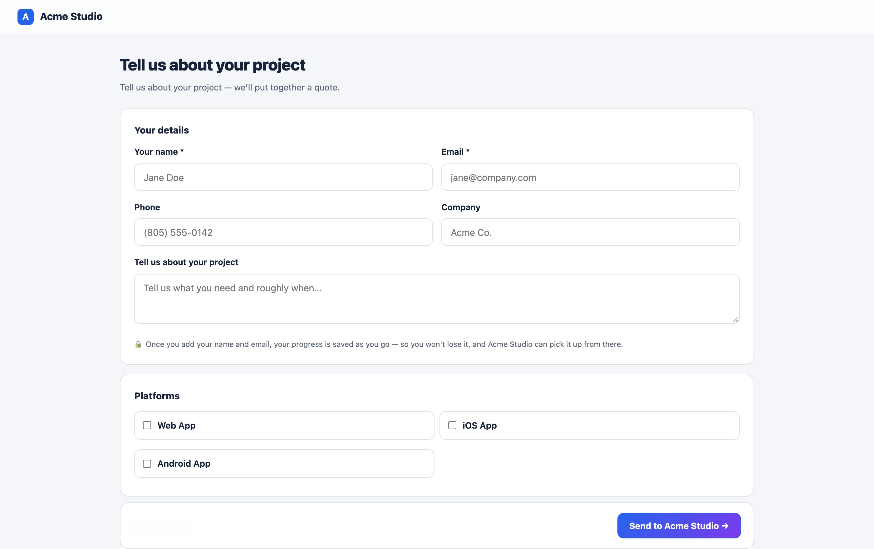 A branded client intake form asking about the job, with options and a live estimate.
