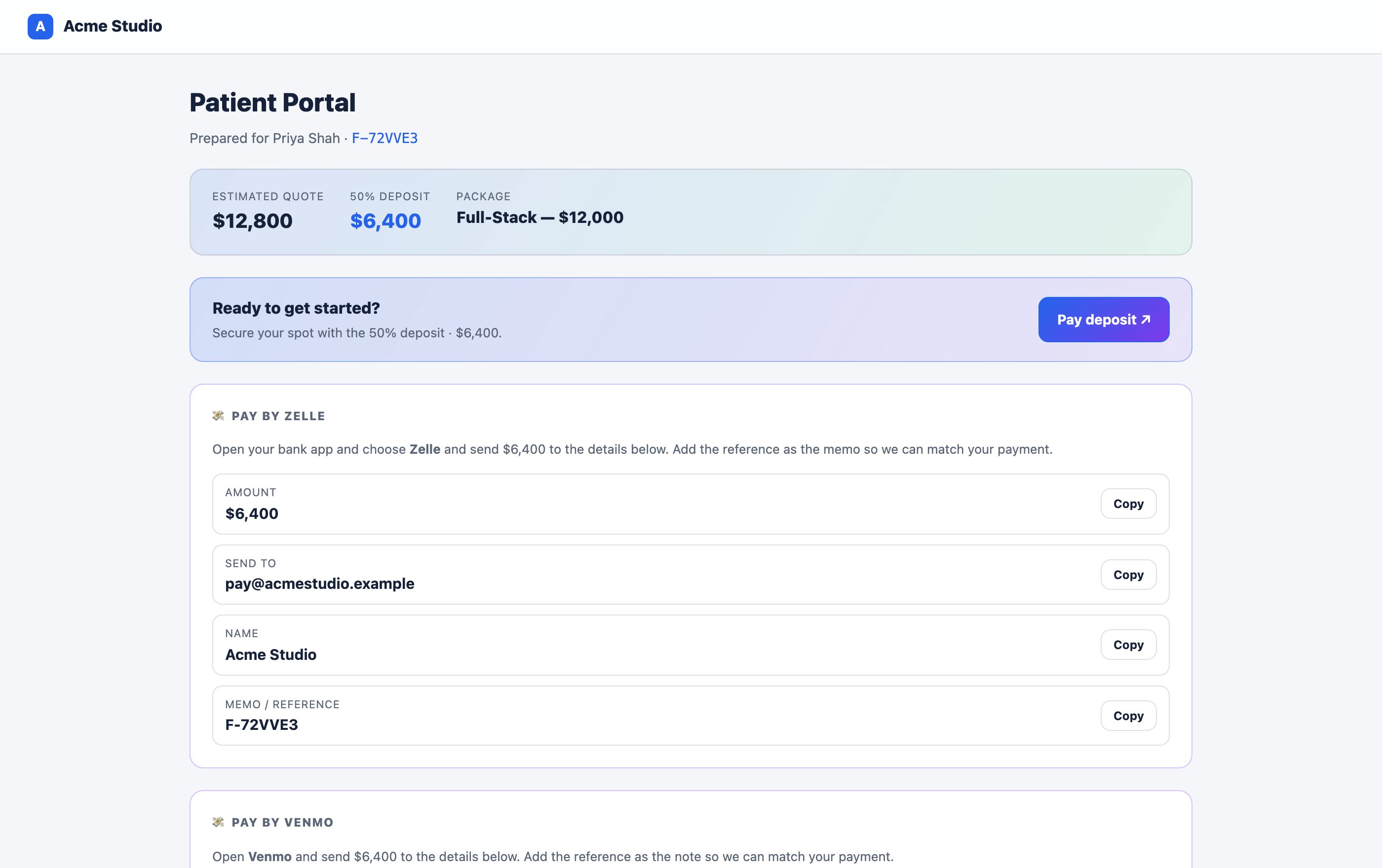 A client portal showing the quote, deposit, included features and the scope of work.