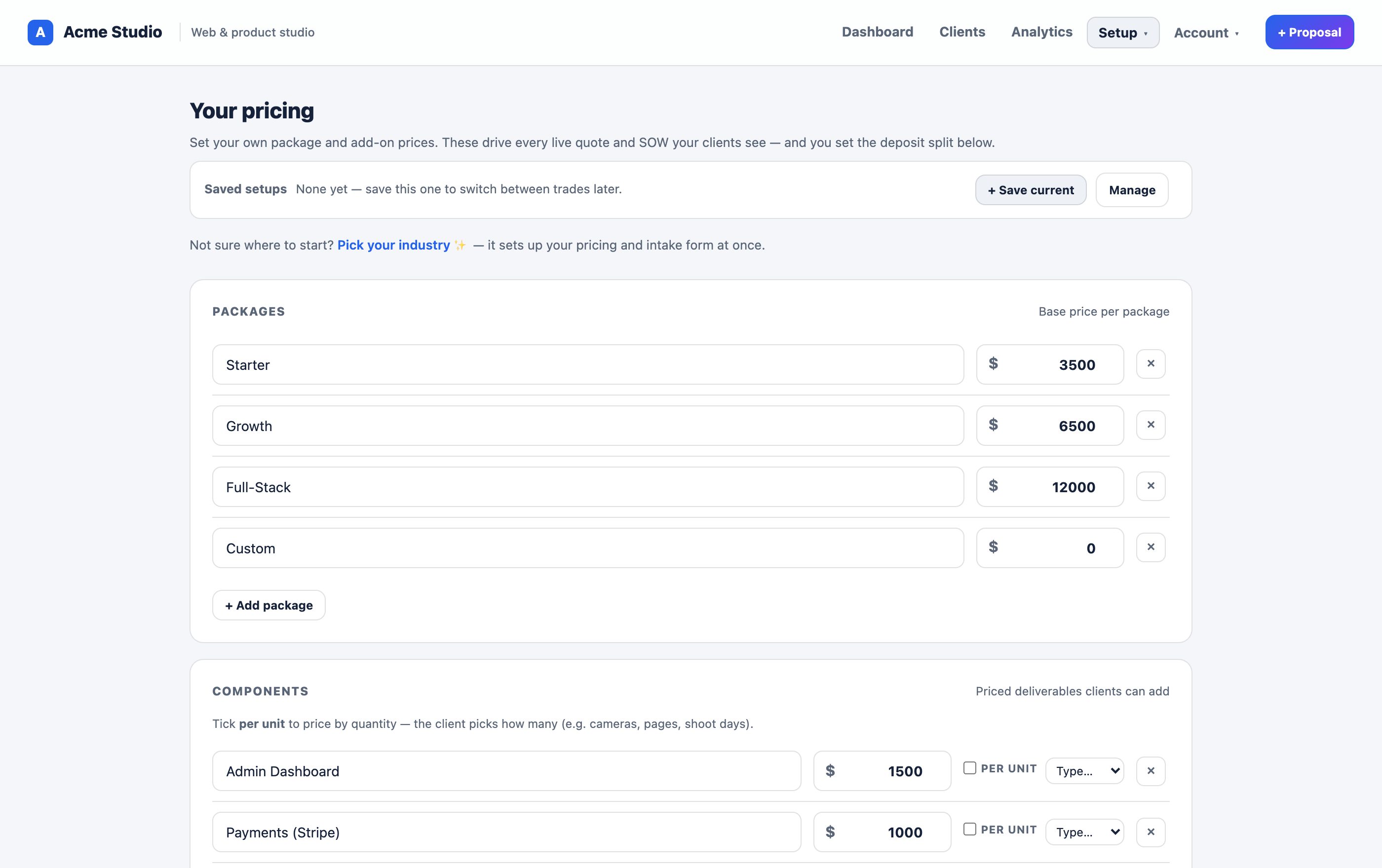 The Pricing page: packages, per-unit items, add-ons, deposit percentage and tax.