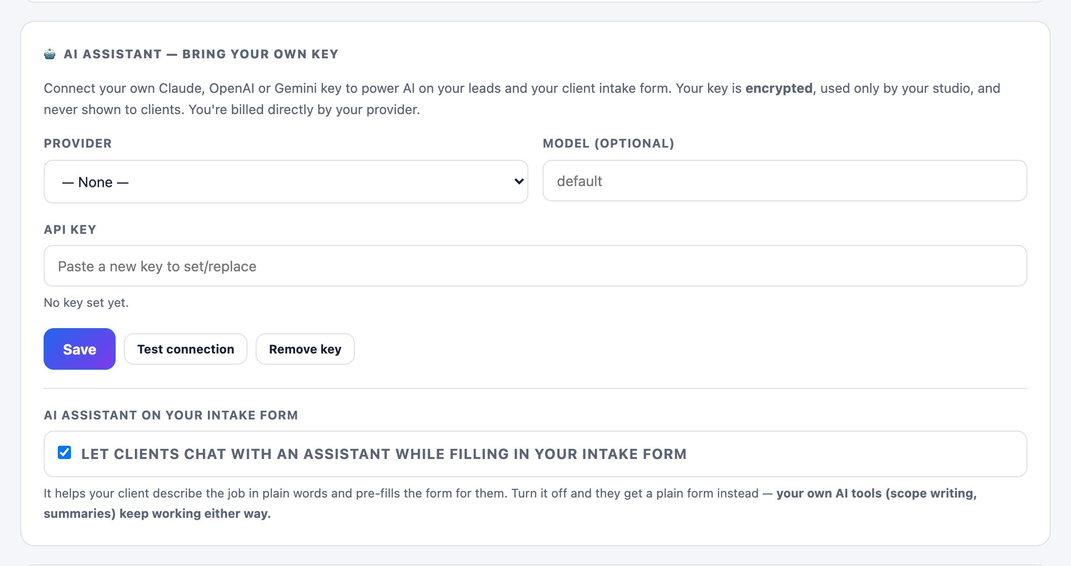 The AI assistant card on the Branding page, where a studio adds its own API key.