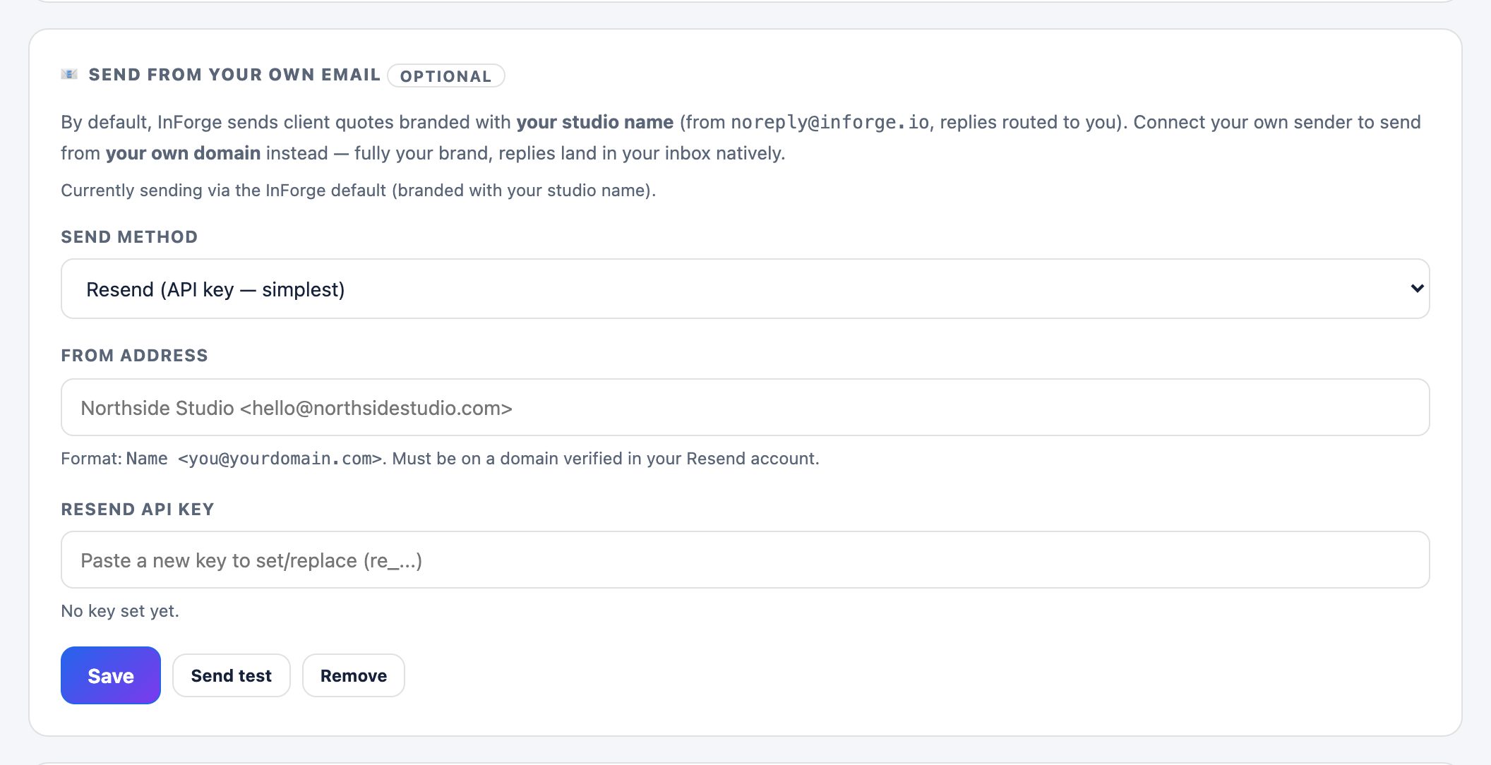 The Send from your own email card on the Branding page.