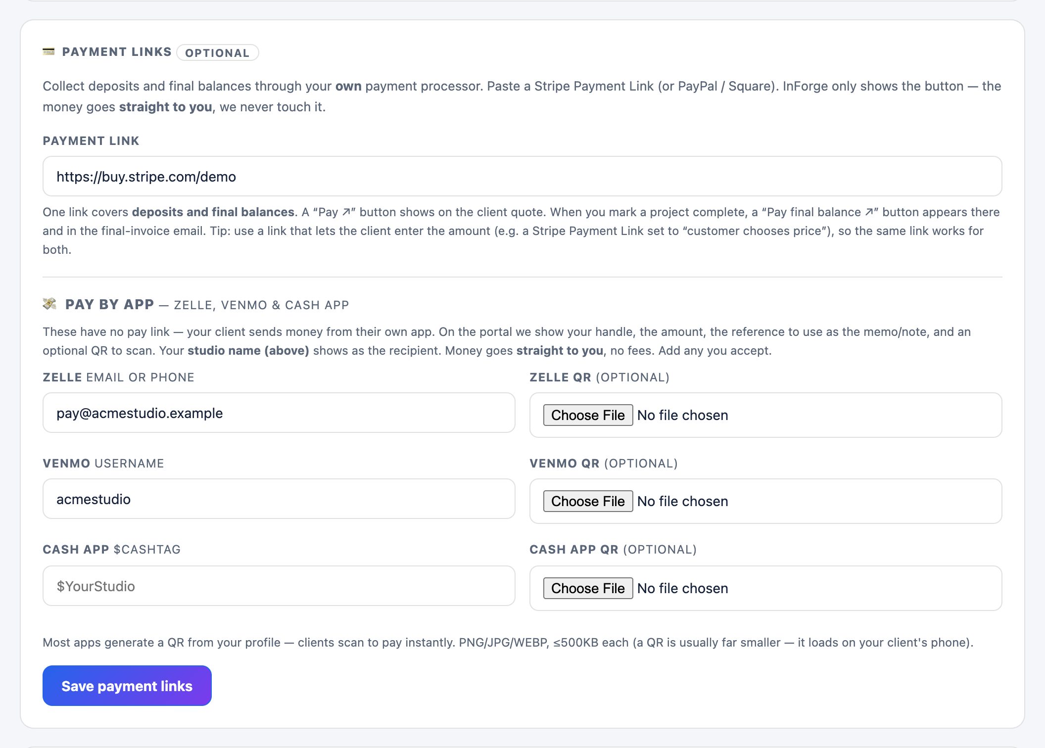 The Payment links card on the Branding page: a payment link plus Zelle, Venmo and Cash App handles.