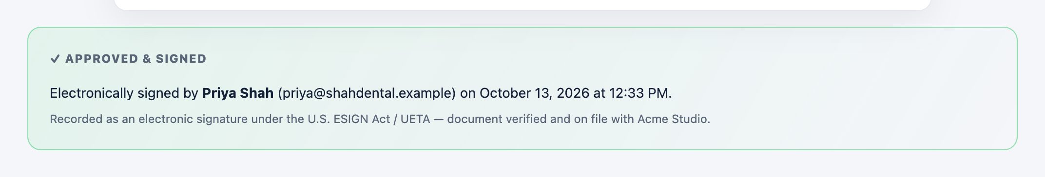 A green Approved and signed block: electronically signed by the client with name, email, date and time.